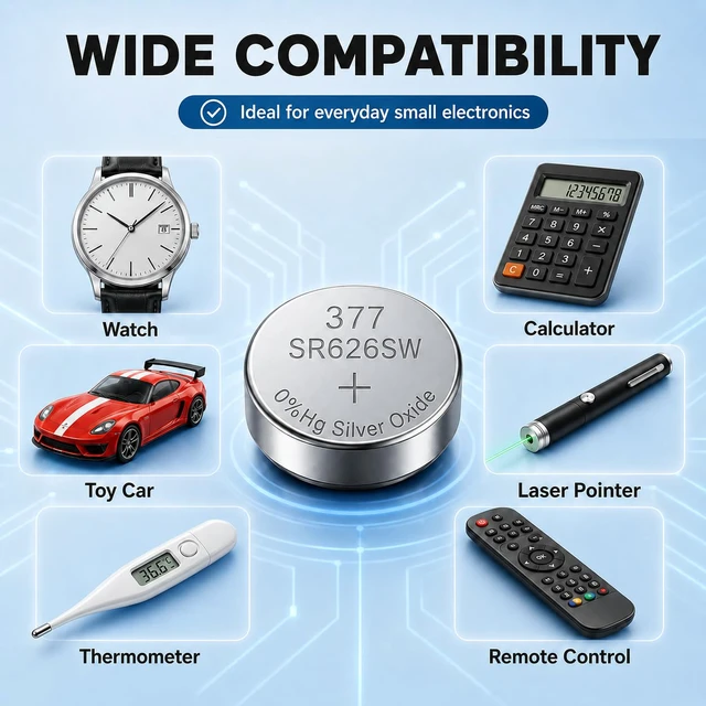 Alt view image 4 of 7 - 10 Pack SR626SW 377 Watch Batteries 1.55V Silver Oxide Button Cell Battery | 376 AG4 LR626, Long-Lasting and Leak-Resistant for Calculators