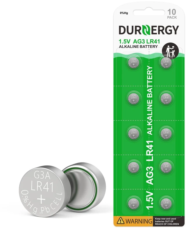 Main image of DURNERGY LR41 Batteries 10 Pack, 384 392 Watch Battery 1.5 Volt Alkaline Battery, AG3 Button Cell Batteries