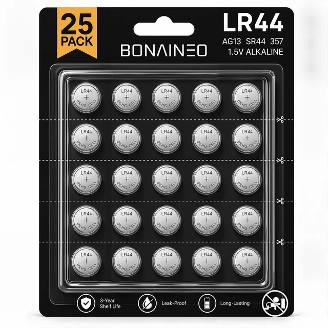 Main image of Bonai Neo LR44 Batteries 25 Pack, 1.5V Alkaline Button Cell Batteries | AG13, A76, 357, L1154F, Long Lasting, Leak-Proof, Fits LED Tea Lights, Holiday Decorations