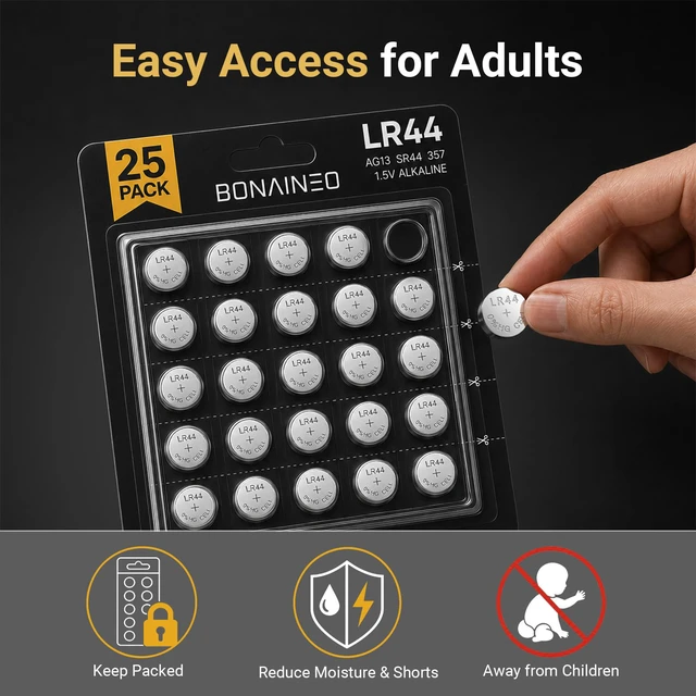 Alt view image 6 of 7 - Bonai Neo LR44 Batteries 25 Pack, 1.5V Alkaline Button Cell Batteries | AG13, A76, 357, L1154F, Long Lasting, Leak-Proof, Fits LED Tea Lights, Holiday Decorations