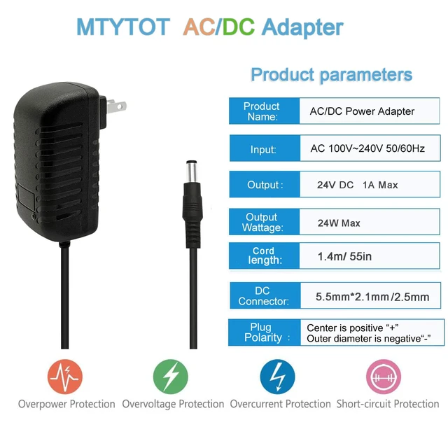 Alt view image 2 of 7 - 24v 1000mA ac/dc Power Supply Adapter 100V-240V AC to DC | 24 Volt 1A Power adapter with 5.5mm X 2.1mm/2.5mm Output plug for dc 24v1a led strip lights,CCTV Cameras