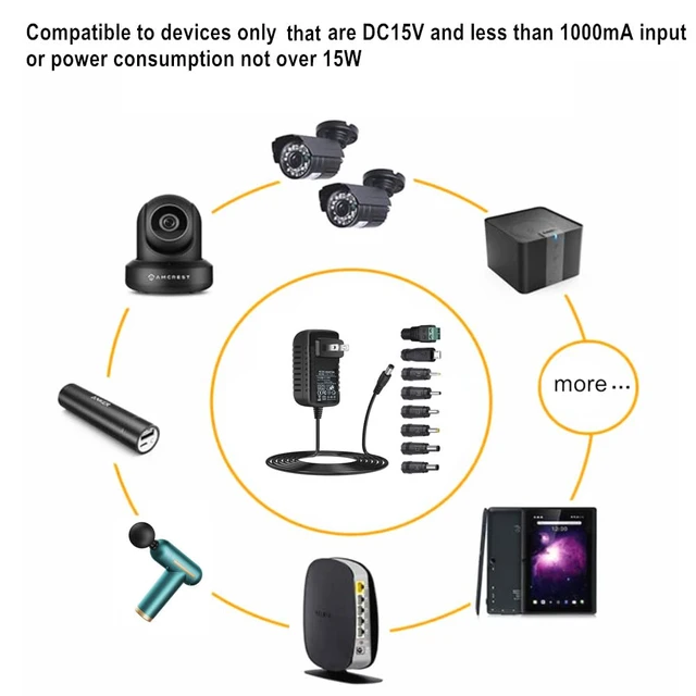 Alt view image 3 of 7 - Universal AC Adapter 15V 1A Power Supply 15W AC110V to DC15V Power Driver 15V 100mA~1000mA All Compatible with 8 DC Plug Tips adapters Charger Transformer AC-DC Adapter (DC15V~1A)