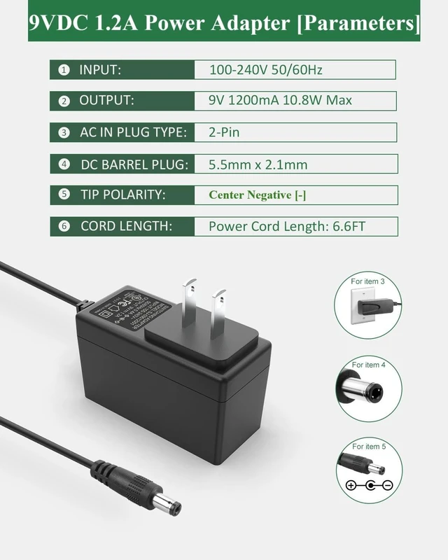 Alt view image 2 of 7 - 9V DC Power Adapter 1.2A Power Supply Center Negative, DC 9V Power Cord | Cable length 6.6 feet | 5.5*2.1mm Barrel Plug | 9 Volts 1.2Amp 1200mA Charger | UL Listed and Multi-protection