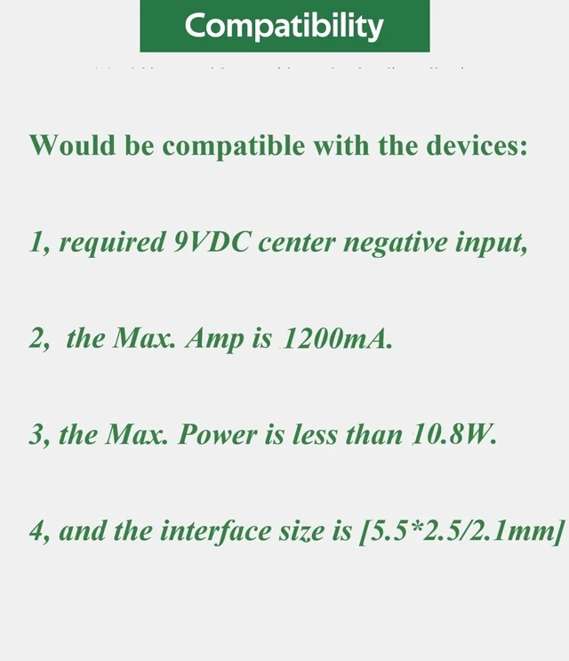 Alt view image 4 of 7 - 9V DC Power Adapter 1.2A Power Supply Center Negative, DC 9V Power Cord | Cable length 6.6 feet | 5.5*2.1mm Barrel Plug | 9 Volts 1.2Amp 1200mA Charger | UL Listed and Multi-protection
