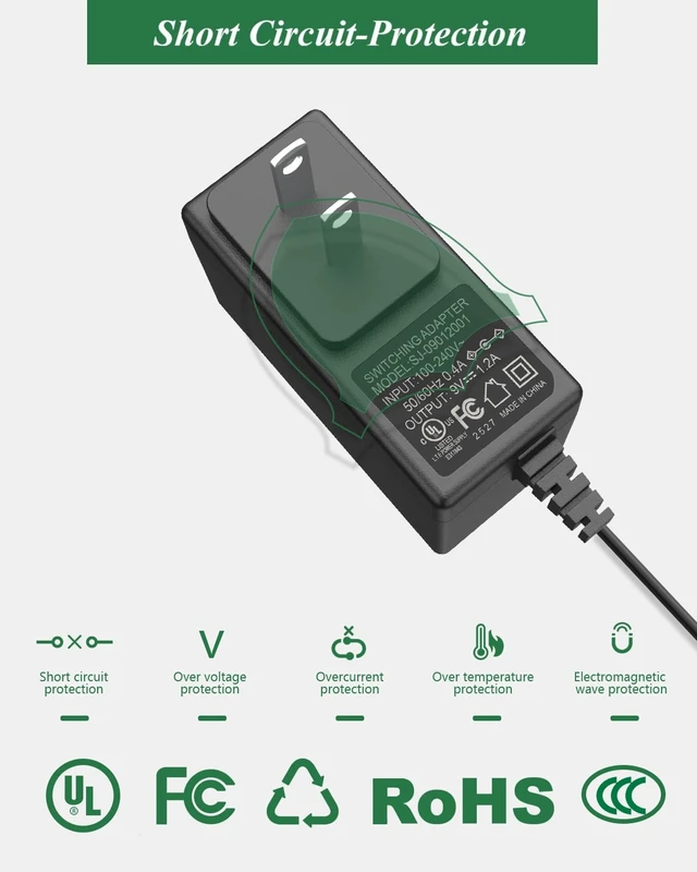 Alt view image 5 of 7 - 9V DC Power Adapter 1.2A Power Supply Center Negative, DC 9V Power Cord | Cable length 6.6 feet | 5.5*2.1mm Barrel Plug | 9 Volts 1.2Amp 1200mA Charger | UL Listed and Multi-protection