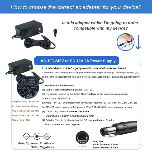 Alt view image 7 of 7 - 12V 2A AC to DC Power Supply Adapter | For Yamaha PSR, YPG, YPT, DGX, DD, EZ and P Digital Piano and Portable Keyboard Series, Replacement PA-130 PA-130B Adapter