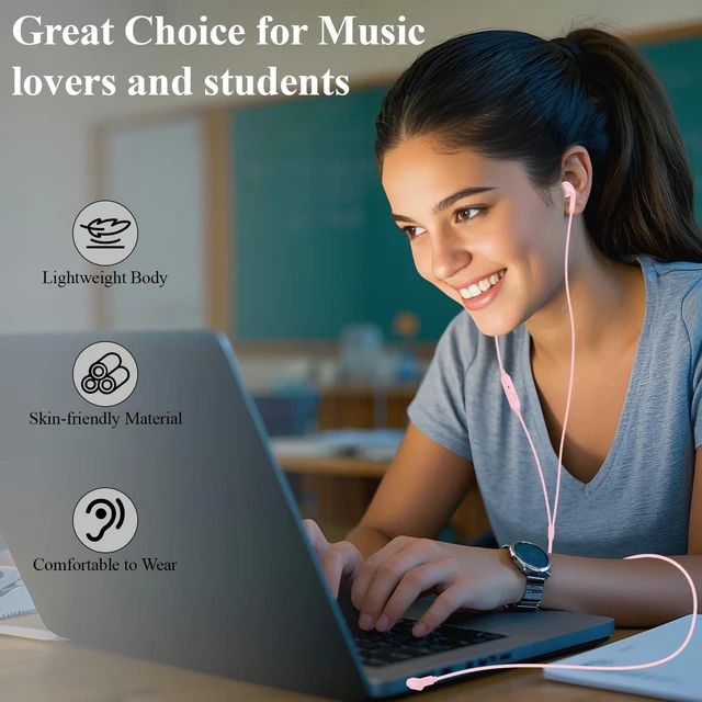 Alt view image 3 of 7 - 3.5mm Jack Headphones Wired for ThinkPad/Chromebook Laptop Earbuds Pink | Noise Cancelling Earphones with Microphone for Airplane School Students for Kindle Fire/iPod PC Tablets for MP3/MP4/iPhone 6