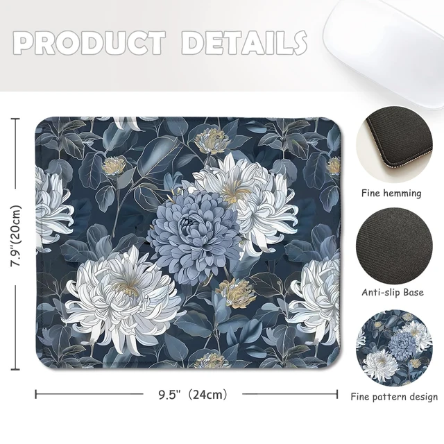 Alt view image 2 of 6 - Nipil Blue and White Floral Mouse Pad, Luxury Gold Chrysanthemum Flower Mousepad Mouse Mat with Non-Slip Rubber Base for Home Office Desk Accessories, Aesthetic Office Supplies, 9.5x7.9 Inch