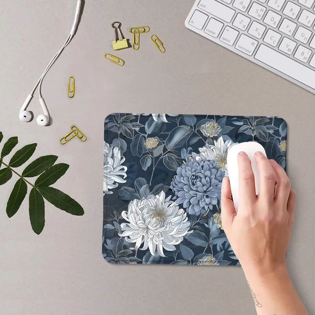 Alt view image 3 of 6 - Nipil Blue and White Floral Mouse Pad, Luxury Gold Chrysanthemum Flower Mousepad Mouse Mat with Non-Slip Rubber Base for Home Office Desk Accessories, Aesthetic Office Supplies, 9.5x7.9 Inch