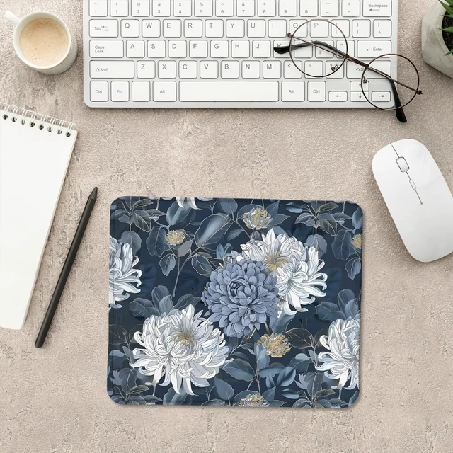 Alt view image 4 of 6 - Nipil Blue and White Floral Mouse Pad, Luxury Gold Chrysanthemum Flower Mousepad Mouse Mat with Non-Slip Rubber Base for Home Office Desk Accessories, Aesthetic Office Supplies, 9.5x7.9 Inch