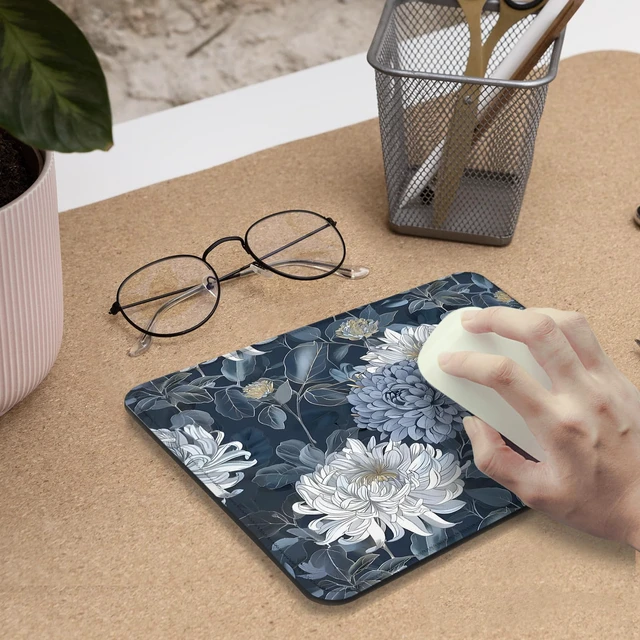 Alt view image 5 of 6 - Nipil Blue and White Floral Mouse Pad, Luxury Gold Chrysanthemum Flower Mousepad Mouse Mat with Non-Slip Rubber Base for Home Office Desk Accessories, Aesthetic Office Supplies, 9.5x7.9 Inch