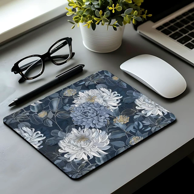 Alt view image 6 of 6 - Nipil Blue and White Floral Mouse Pad, Luxury Gold Chrysanthemum Flower Mousepad Mouse Mat with Non-Slip Rubber Base for Home Office Desk Accessories, Aesthetic Office Supplies, 9.5x7.9 Inch