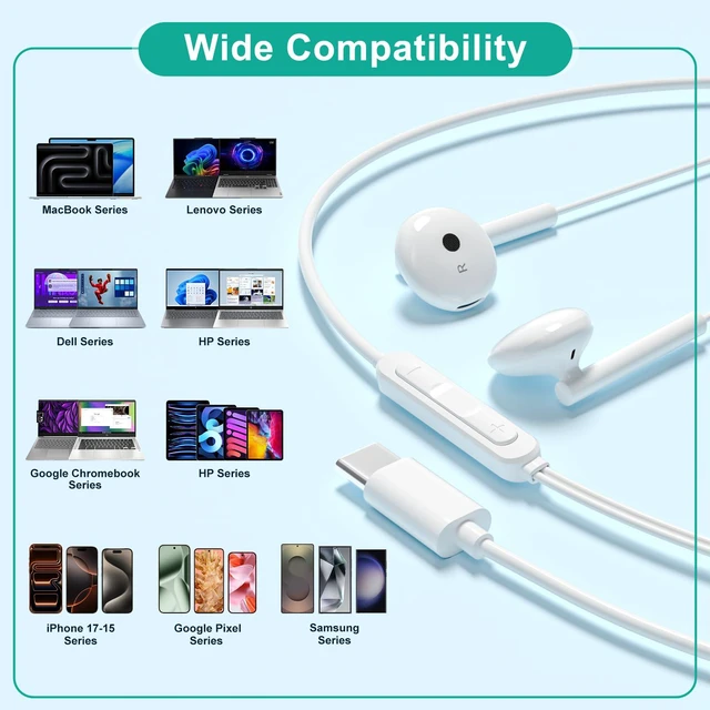 Alt view image 3 of 7 - USB C Headphones for iPhone 17 16 15, Wired Headphones USBC for iPad Pro Air Mini, iPad 10th, MacBook, Type C Earbuds for Samsung, Google Pxiel, Earphones for Lenovo, Dell, Microphone, Volume Control