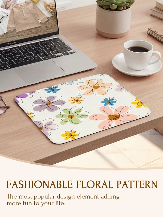 Alt view image 2 of 7 - Seorsok Cute Colorful Line Flowers Mouse Mat,Premium Textured Mouse Pads for Office Laptop,Washable Square Mousepads with Extended Stitched Edges Non Slip Rubber Base 9.5"x7.8"x0.07" Inch,Beige
