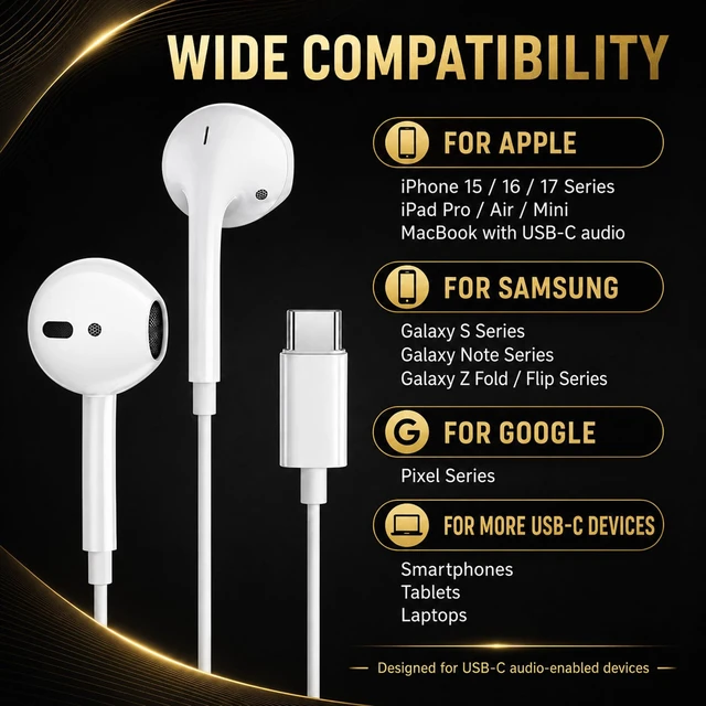 Alt view image 7 of 7 - USB C Wired Earbuds for iPhone 15/16/17, Semi-in-Ear Headphones with Microphone, Volume Control and Built-in DAC, Compatible with Samsung Galaxy and Google Pixel(2 Pack)