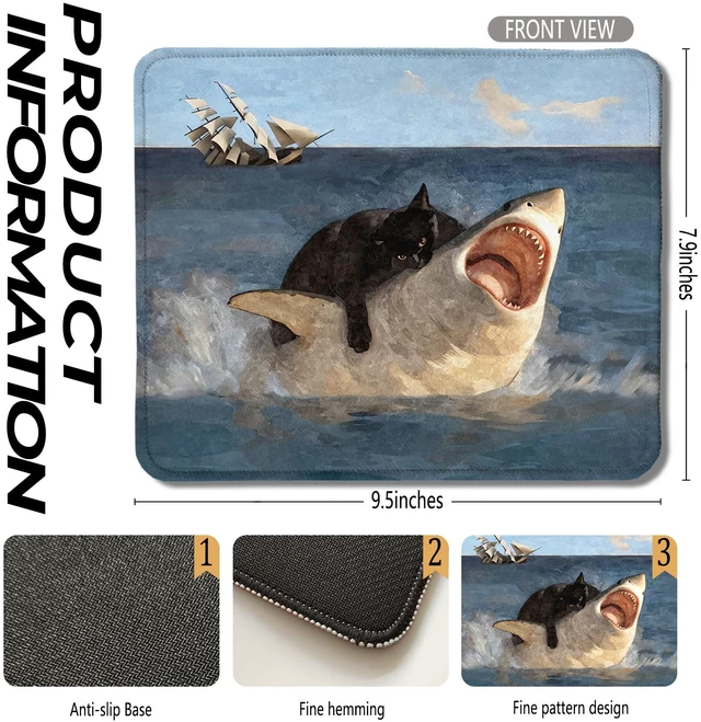 Alt view image 2 of 6 - Foritho Funny Shark Mouse Pad, Funny Black Cat Attack Shark Mouse Pads for Wireless Mouse Computers Laptop Desk Accessories, Black Cat Office Supplies, 9.5x7.9 Inch