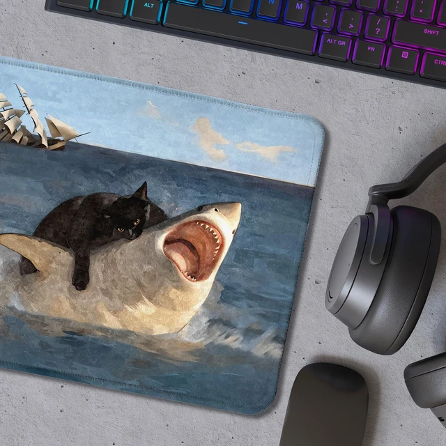 Alt view image 5 of 6 - Foritho Funny Shark Mouse Pad, Funny Black Cat Attack Shark Mouse Pads for Wireless Mouse Computers Laptop Desk Accessories, Black Cat Office Supplies, 9.5x7.9 Inch