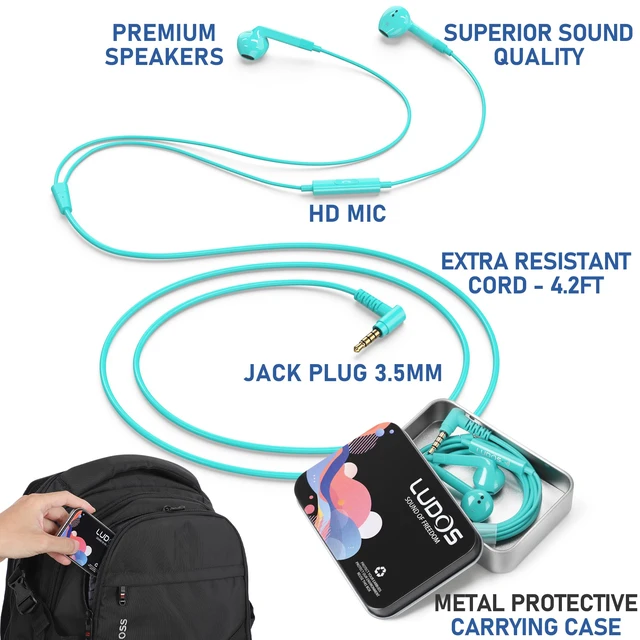 Alt view image 2 of 7 - LUDOS FEROX Wired Earbuds in-Ear Headphones, 5 Year Warranty, Earphones with Microphone, Noise Isolation Corded for 3.5mm Jack Ear Buds for iPhone, Samsung, Laptop, Kids, School Students - Turquoise