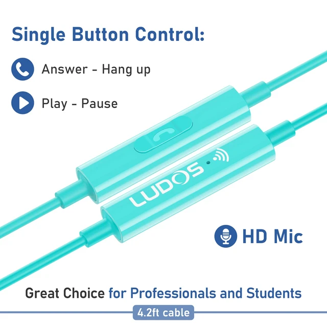 Alt view image 4 of 7 - LUDOS FEROX Wired Earbuds in-Ear Headphones, 5 Year Warranty, Earphones with Microphone, Noise Isolation Corded for 3.5mm Jack Ear Buds for iPhone, Samsung, Laptop, Kids, School Students - Turquoise