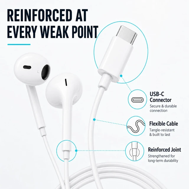 Alt view image 7 of 7 - 1 Pack Wired Headphones USB C Earbuds with Microphone for iPhone | Semi-In-Ear Type C Headset with Volume Control and Balanced Sound for iPhone 15/16/17/18, iPad, Galaxy, Pixel and MacBook