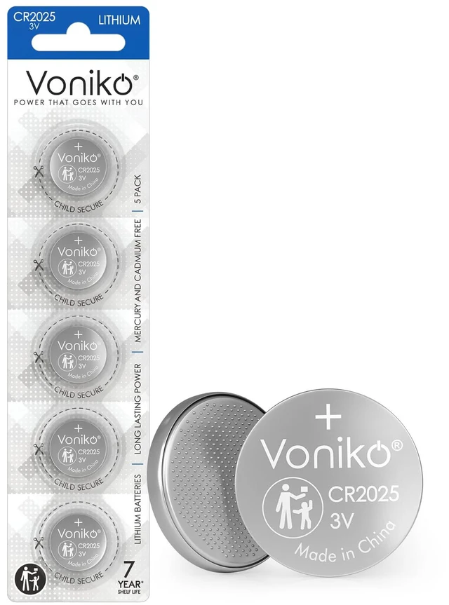 Main image of Voniko CR2025 3V Lithium Batteries 5 Pack for Child Safety, Compatible with Remotes, Key Fobs, Watches, Calculators - 7 Years Shelf Life