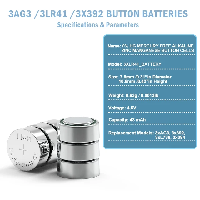 Alt view image 4 of 6 - SUZEYAR 3x1.5V Button Coin Cell Batteries 3LR41 Button Batteries, 4.5V Replacement Batteries for Bore Sight, Toys, Keychain LED Flashlight, Replacement for 3xAG3, 3x392, 3xLR41Batteries, 10 Pack