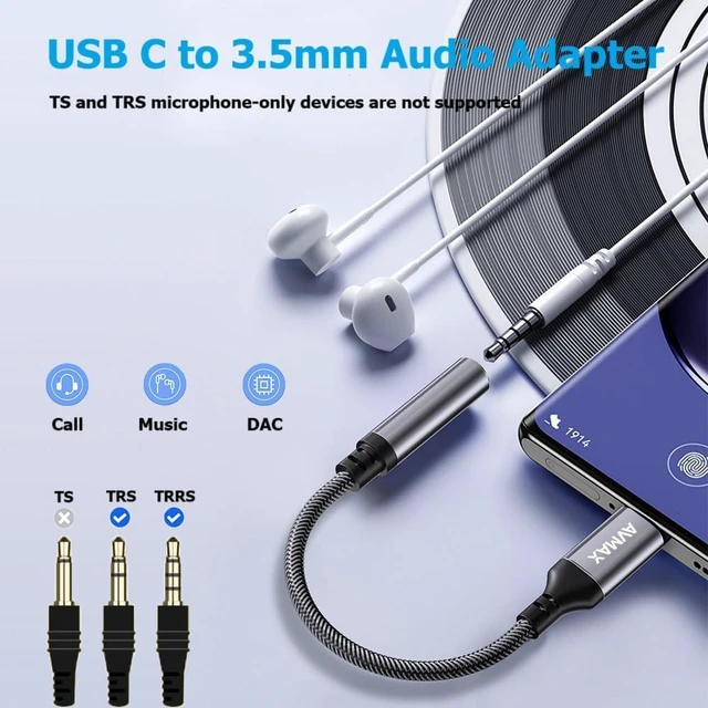 Alt view image 2 of 7 - AVMAX USB C to 3.5mm Audio Headphone Adapter HiFi 2 Pack,Type c to Aux Female Cable for 16 15 Plus, S24 S23 S22 S21 S20 and More Type c Devices