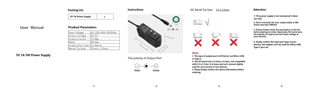Alt view image 7 of 7 - 5V 1A DC Power Supply Adapter, 100-240V AC to DC 5V 1A 0.8A 0.5A 450mA | Power Adapter Cord with Connector Size 5.5x2.5mm Barrel Interface, Black