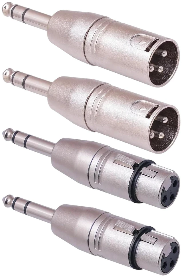 Main image of 1/4 to XLR Adapter 4 Pack, 1/4" TRS to XLR (2 Pair), 2pcs Male to Male and 2pcs Male to Female, Balanced Quarter Inch 6.35mm Male to XLRMale/Female Adapters for Mixers, Microphones, Amplifiers