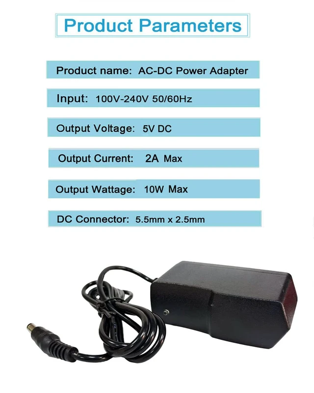 Alt view image 3 of 7 - 5V 2A DC Power Supply Adapter 10W AC/DC Wall Plug Adapter 100V-240V AC to DC 5 Volt 2Amp 1Amp Replacement Power Cord with 5.5mm*2.5mm DC tip for 5v led Strip Lights Cameras
