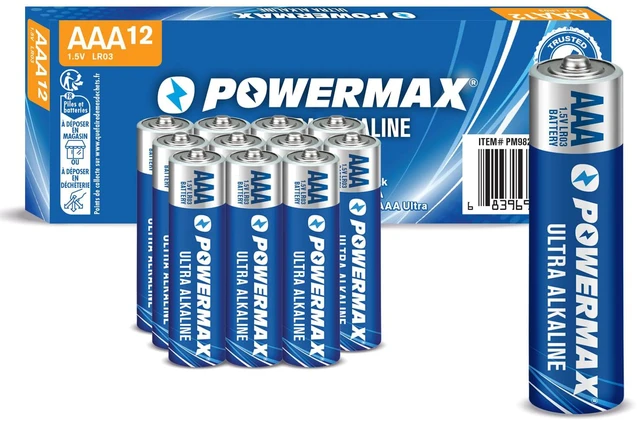 Main image of Powermax 12-Count Triple AAA Batteries, Ultra Long Lasting Alkaline Battery Blister Pack for Home and Office, 10-Year Shelf Life