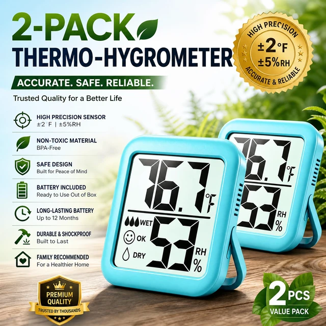 Alt view image 2 of 7 - Antonki 2 Pack Room Thermometer Indoor Hygrometer | Monitor Temperature & Humidity, Accurate, Fast Read, Easy To View, Magnetic/Kickstand/Hanging, /, w/ Battery, Compact