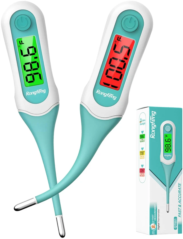 Main image of Rongfeng Digital Oral Thermometer 2Pack for Adults Kids, 8Second Fast Reading Soft Flexible Tip Thermometer, 3Color Backlight Fever Alarm, Waterproof, Oral Rectal Underarm Use,with Storage Case