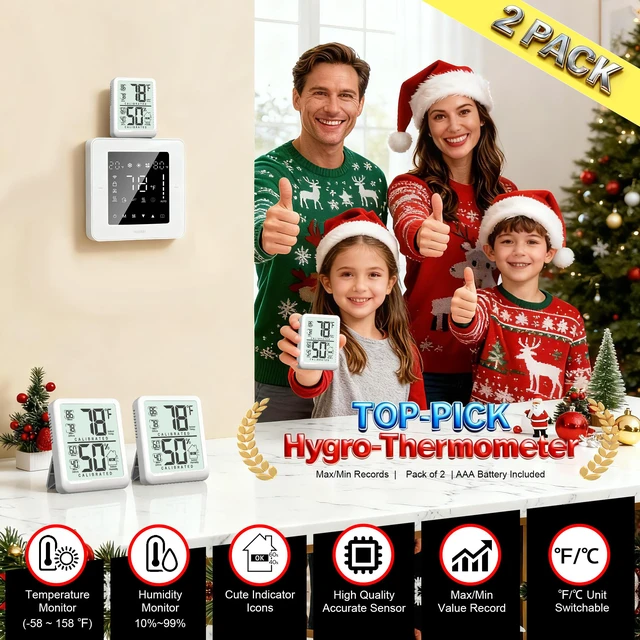 Alt view image 3 of 7 - Antonki 2 Pack Room Thermometer Indoor Hygrometer with Max/Min Record | W/ Battery, 24h Max/Min Record, Accurate Sensor, Fast Refresh, Easy to View, /, Durable Kickstand, Compact, for Home Office