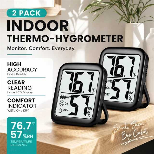 Alt view image 2 of 7 - Antonki 2 Pack Room Thermometer Indoor Hygrometer | Monitor Temperature & Humidity, Accurate, Fast Read, Easy To View, Magnetic/Kickstand/Hanging, /, w/ Battery, Compact