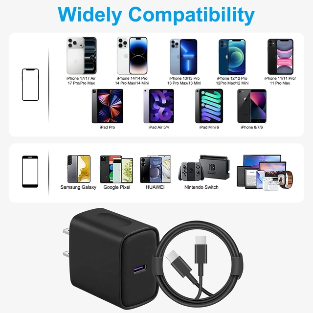 Alt view image 6 of 7 - iPhone 17 16 15 Charger Fast Charging 10FT - 20W USB C Charger Block | with 10FT Type C to C Cable Compatible with iPhone 17/17 Pro/17 Pro Max/Air/16/16e/15, iPad Pro, iPad Air (Black)