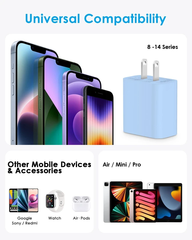 Alt view image 7 of 7 - AISNI Fast Charger for iPhone 14 13 with 10 Ft iPhone Charger Cable | 2 Pack 20W PD USB C Charger Block Long Fast Chargers Compatible with iPhone 14 Plus/14/13/12/11 Pro Max-Blue