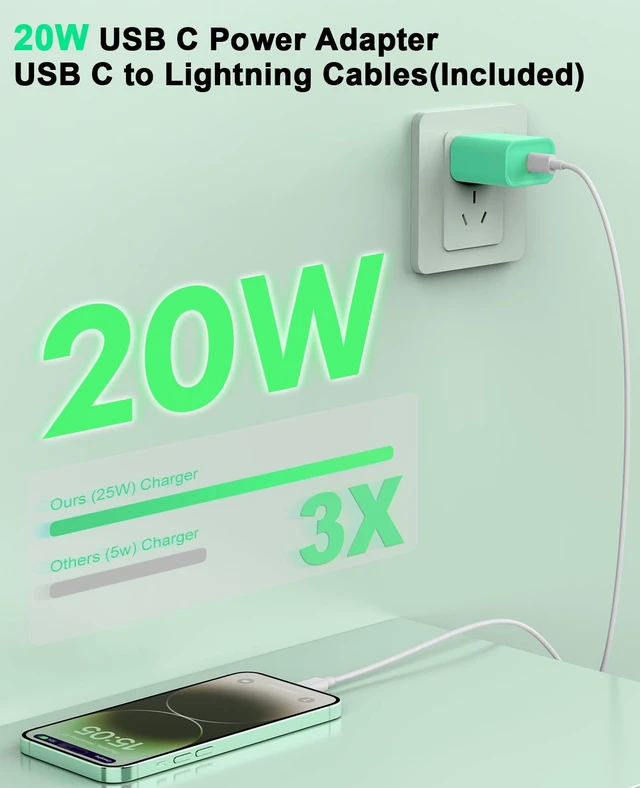 Alt view image 2 of 7 - iPhone Charger Fast Charging,2 Pack 20W USB C Wall Charger Block with Cable | 2 Pack MFi Certified 6FT Type C to Lightning Cables for iPhone 14 13 12 11 Pro Max XR XS X, iPad,AirPods Pro (Purple+Green