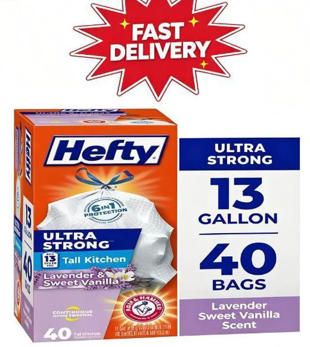 Main image of Hefty Ultra Strong 13 Gallon Trash Bags, Tall Kitchen Trash Bags, White, Lavender and Sweet Vanilla Scent, 40 Bags