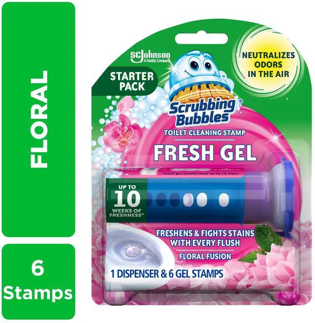 Main image of Scrubbing Bubbles Fresh Gel Toilet Cleaning Stamp, Floral Fusion, Dispenser with 6 Gel Stamps, 1.34 oz