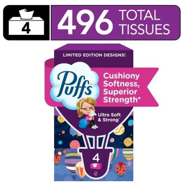 Main image of Puffs Ultra Soft Facial Tissues, Back-to-School Exclusive, 4 Rectangle Boxes, 124 Facial Tissues Per Box