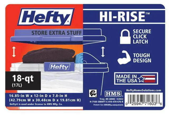 Alt view image 3 of 6 - Hefty HI-RISE 18 Quart Small Latching Storage Bin, Clear Plastic Storage Container with Latch HI-RISE Lid, Blue