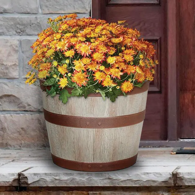 Main image of Better Homes & Gardens 12.9" x 12.9" x 10" Whiskey Barrel Light Brown 100% Recycled Resin Planter