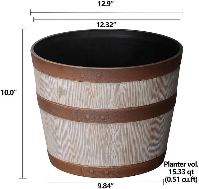 Alt view image 4 of 6 - Better Homes & Gardens 12.9" x 12.9" x 10" Whiskey Barrel Light Brown 100% Recycled Resin Planter