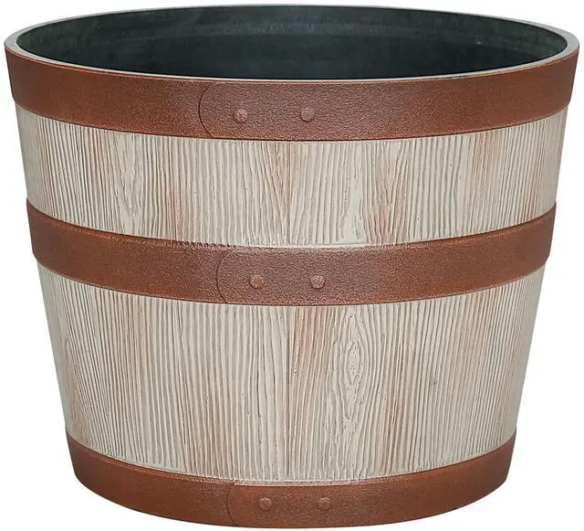 Alt view image 2 of 6 - Better Homes & Gardens 12.9" x 12.9" x 10" Whiskey Barrel Light Brown 100% Recycled Resin Planter