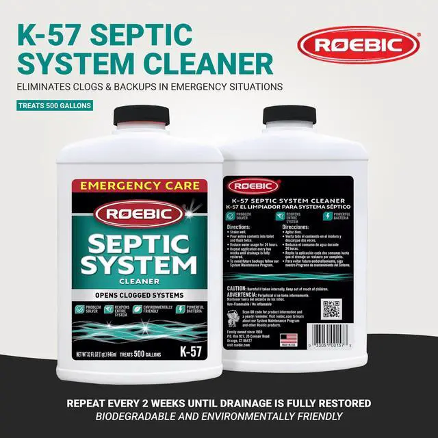 Alt view image 6 of 6 - Roebic K-57 Septic System Drain Cleaner, Liquid Septic Tank Pipe Clog Remover with Bacteria Enzymes, Safe for Bathroom Toilet, Treats 500 Gallons, 32 oz