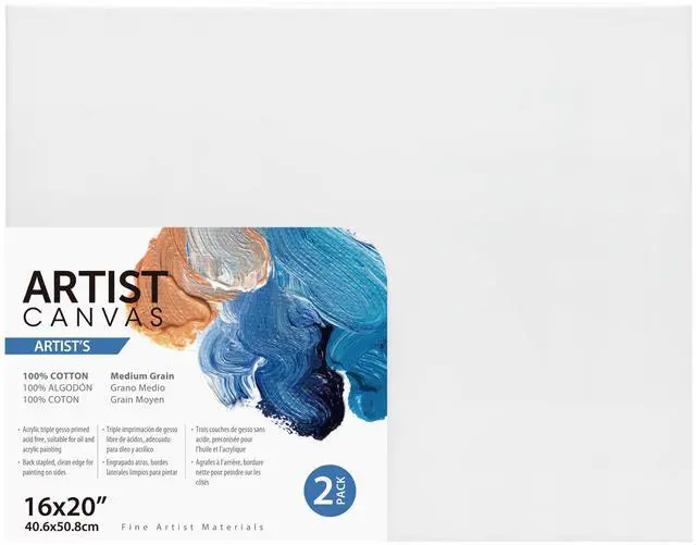 Main image of Artist Stretched Canvas, 16"X20", 2 Pack, 100% Cotton Acid Free, White, Deluxe Canvas, For All Skill Levels