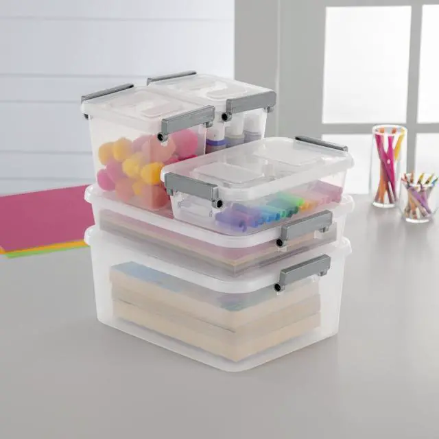 Alt view image 6 of 7 - (2 pack) Sterilite Modular 2.7 Quart Small Latching Storage Bin, Clear Plastic Storage Container with Write-on ID Latches, Gray