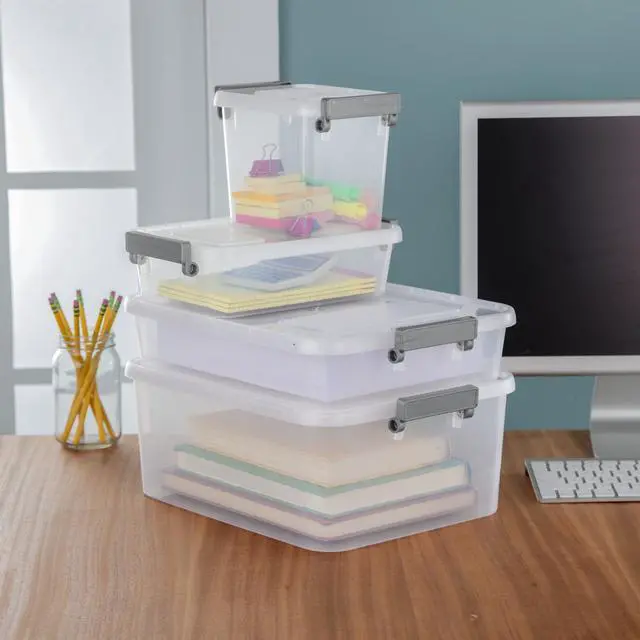Alt view image 3 of 7 - (2 pack) Sterilite Modular 2.7 Quart Small Latching Storage Bin, Clear Plastic Storage Container with Write-on ID Latches, Gray