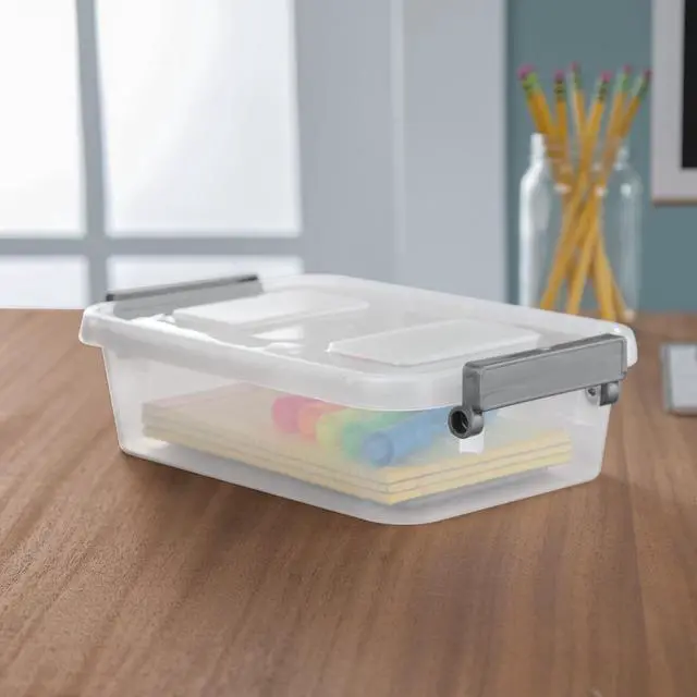 Alt view image 5 of 7 - (2 pack) Sterilite Modular 2.7 Quart Small Latching Storage Bin, Clear Plastic Storage Container with Write-on ID Latches, Gray